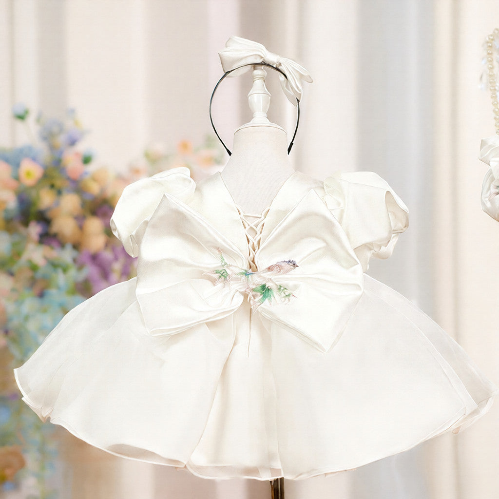 Children's white satin ball gown with puff sleeves for girls