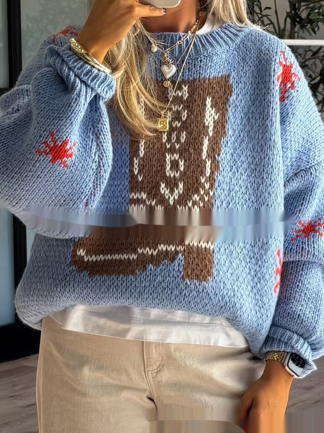 Women's Christmas-themed midi knit sweater with crew neck and long sleeves