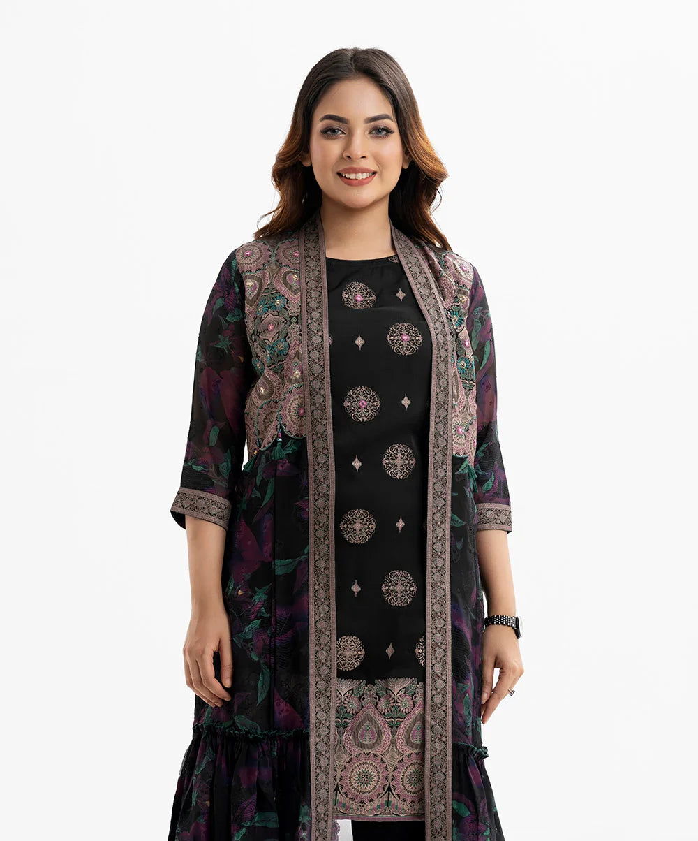 Black georgette A-line tunic with matching shrug for women