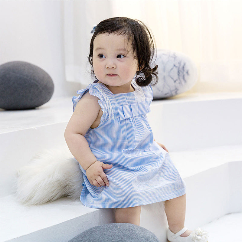 Blue thin princess dress summer suit for baby girls with sleeveless top and pants