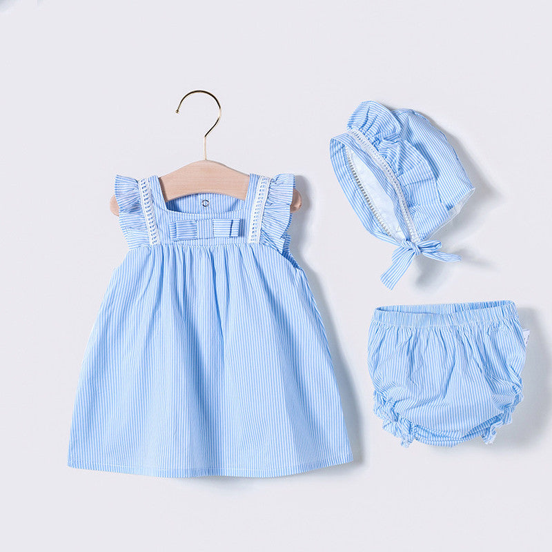Blue thin princess dress summer suit for baby girls with sleeveless top and pants