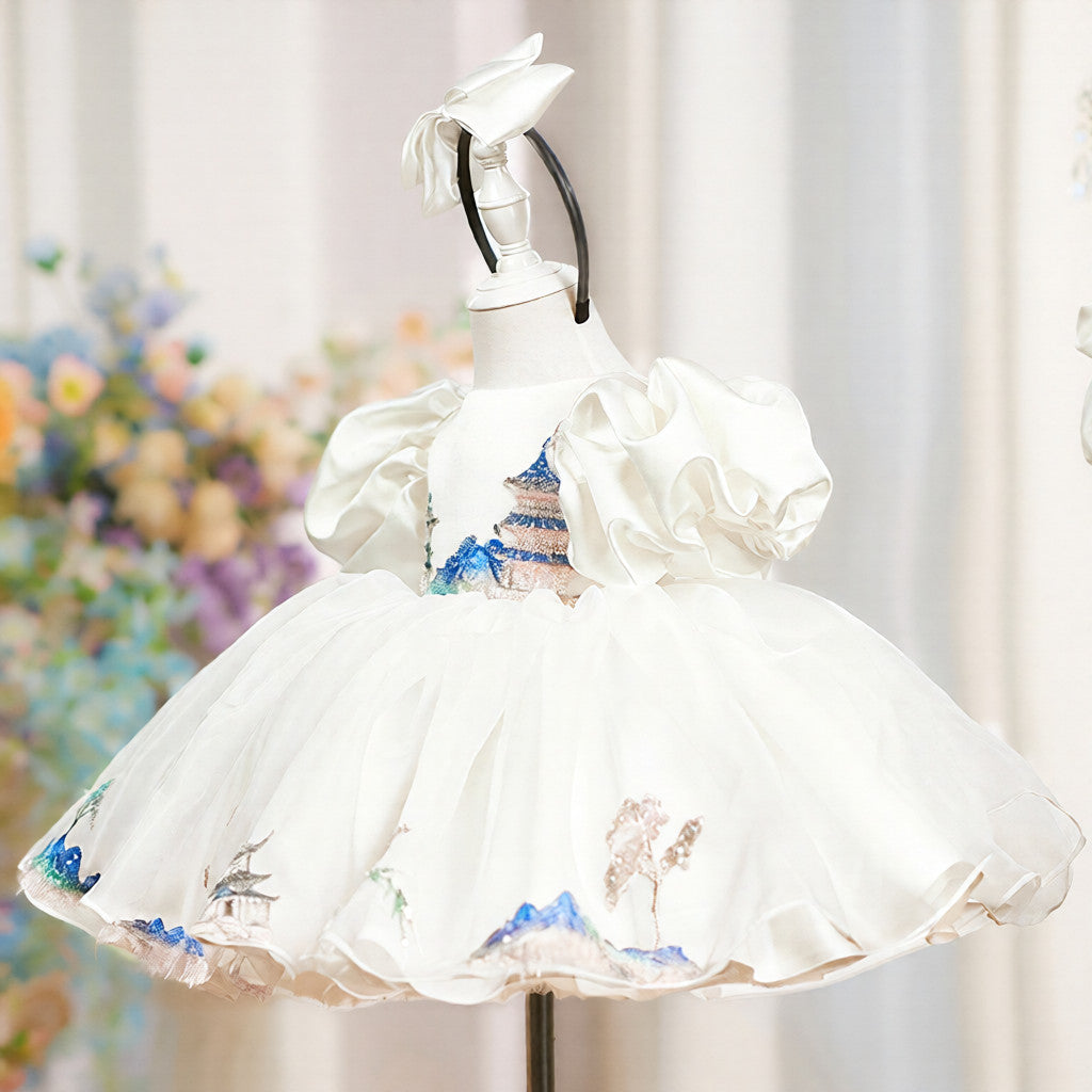 Children's white satin ball gown with puff sleeves for girls