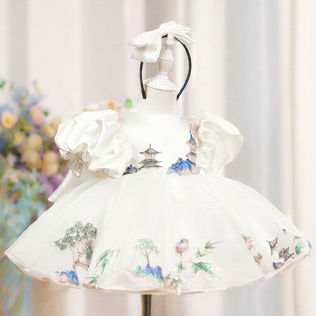 Children's white satin ball gown with puff sleeves for girls