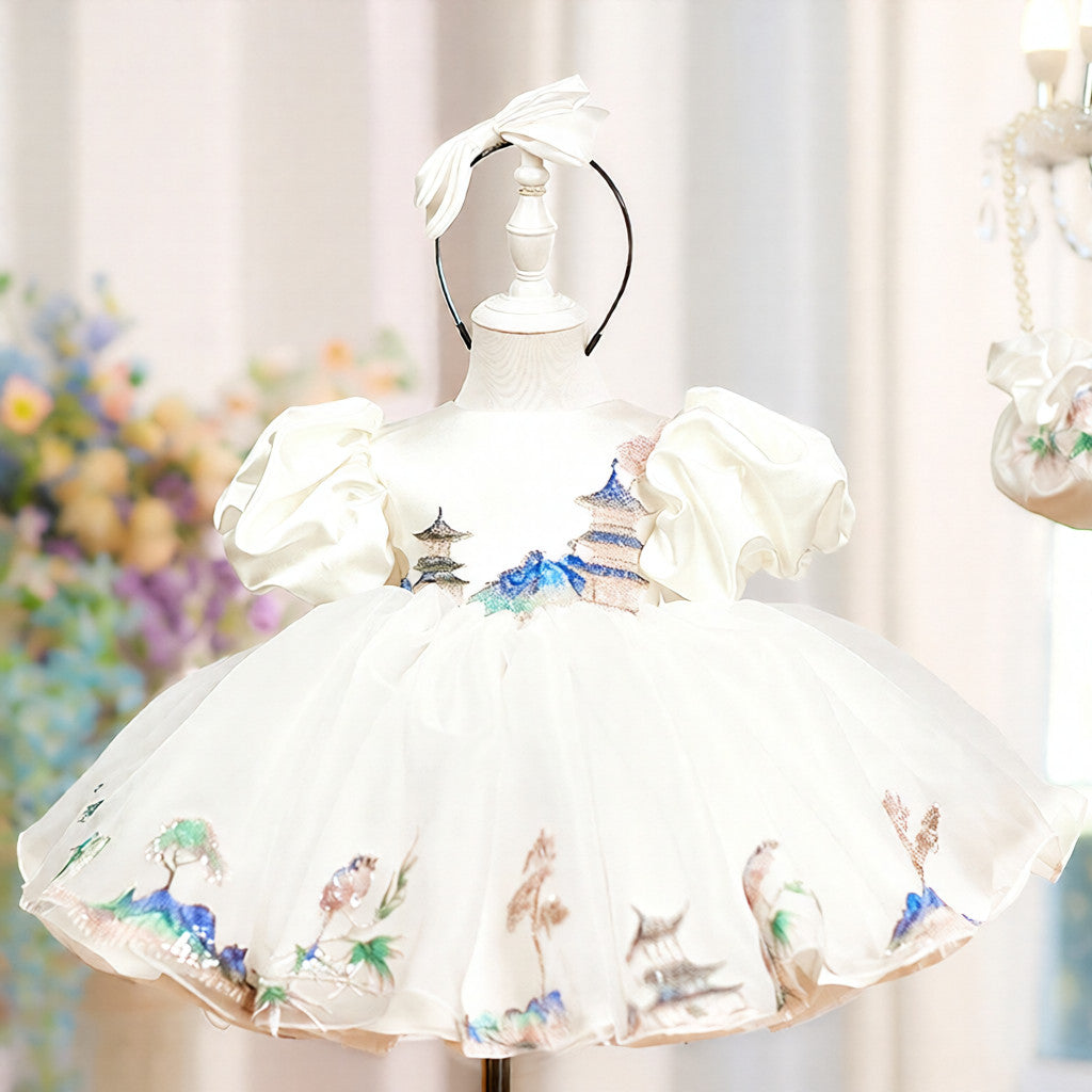 Children's white satin ball gown with puff sleeves for girls