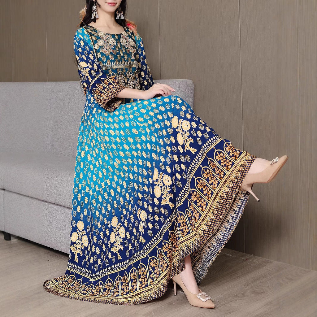 Bohemian style embroidered ethnic swing dress in vibrant colors