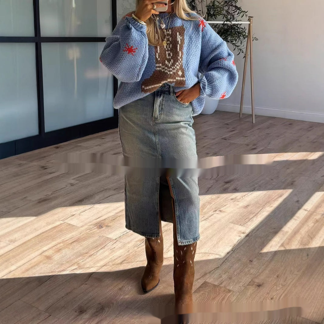 Women's Christmas-themed midi knit sweater with crew neck and long sleeves