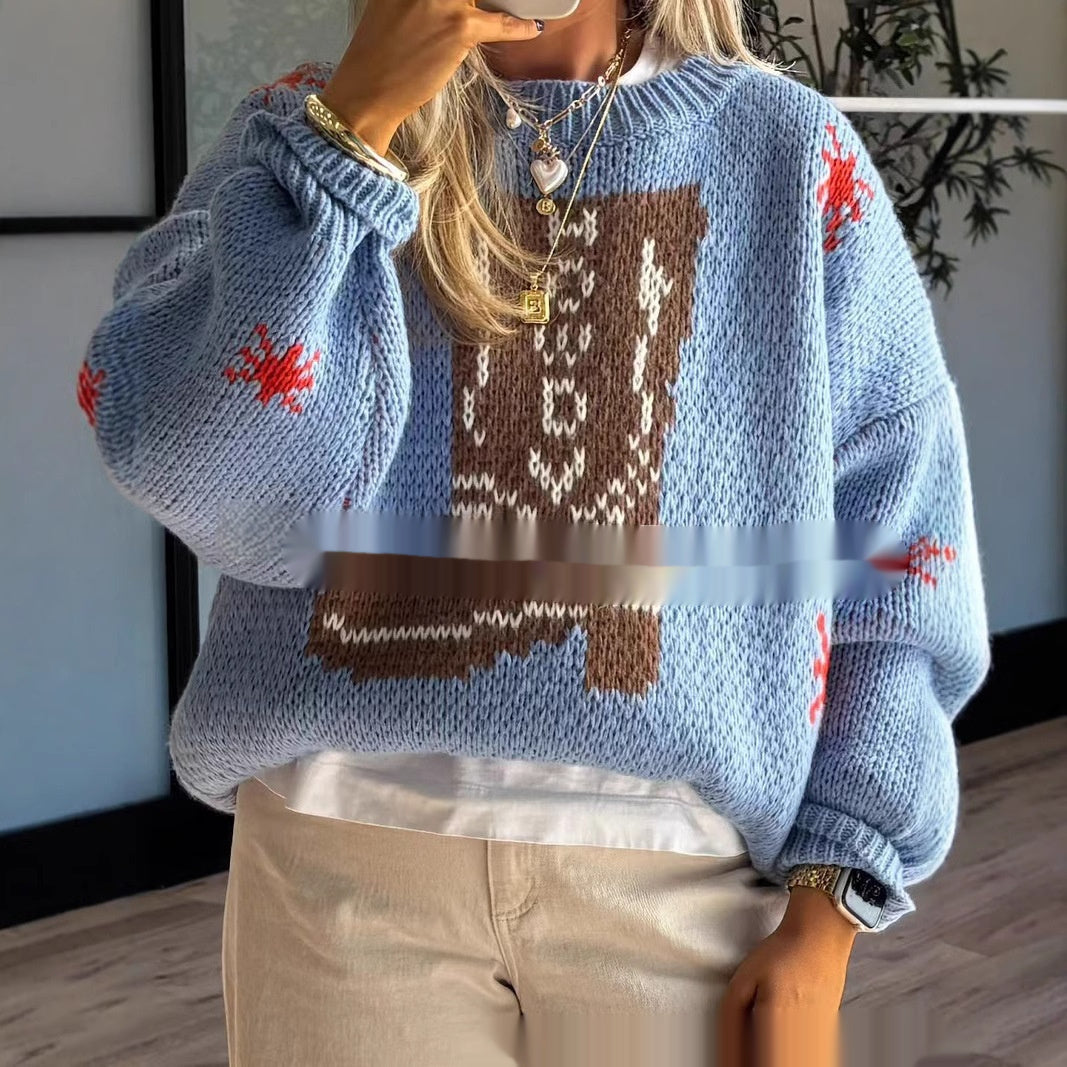 Women's Christmas-themed midi knit sweater with crew neck and long sleeves