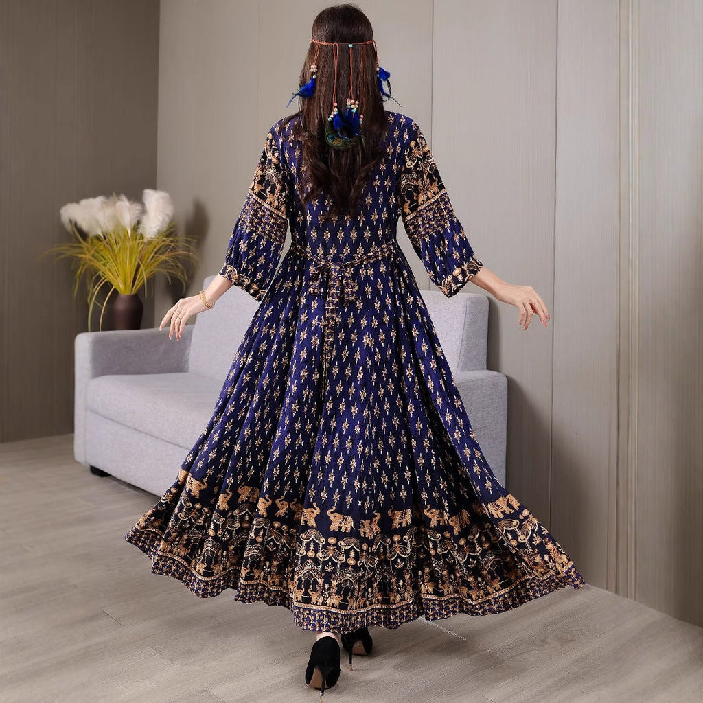 Bohemian ethnic embroidered large swing skirt dress for women