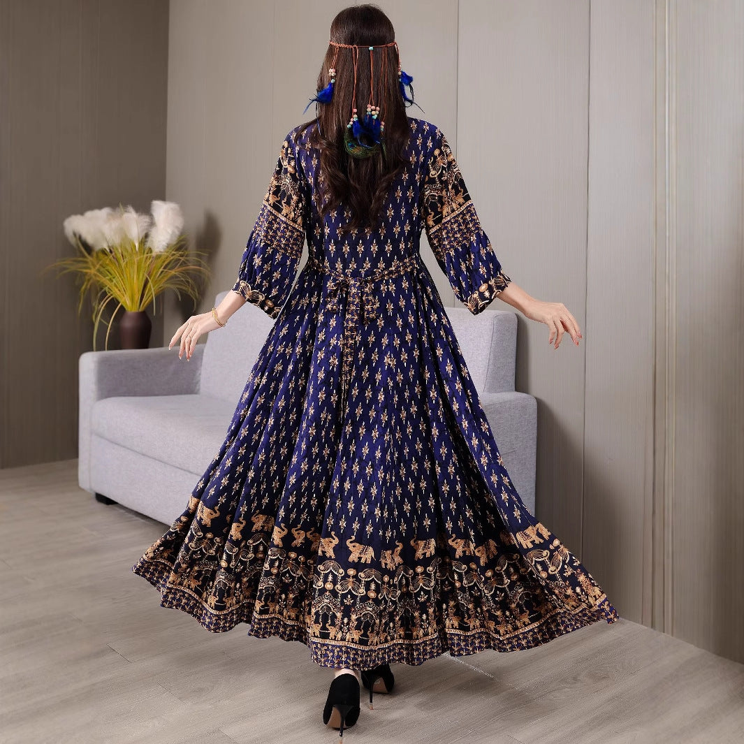 Bohemian ethnic embroidered large swing skirt dress for women