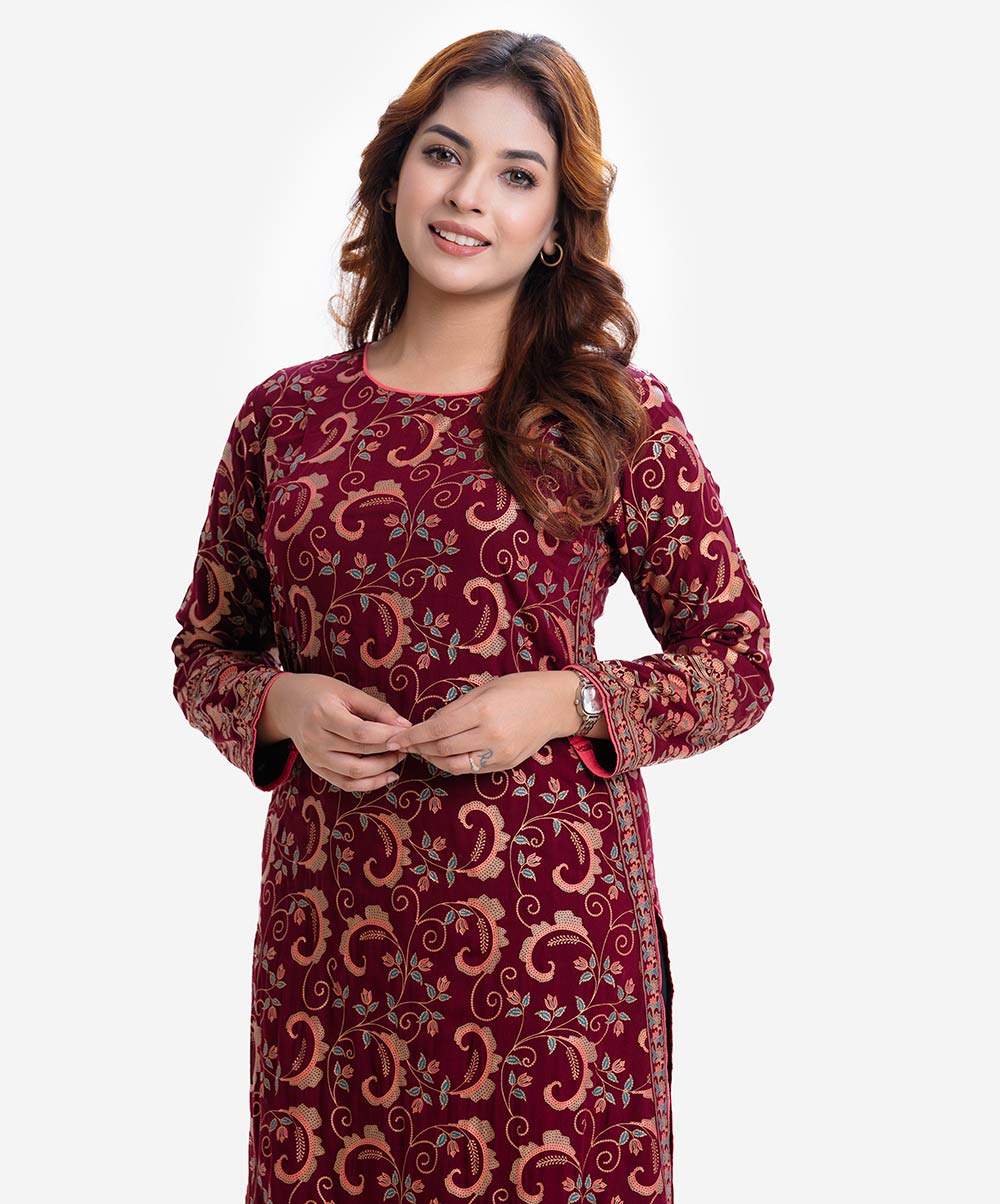 Maroon viscose straight kameez for women with clean ethnic look