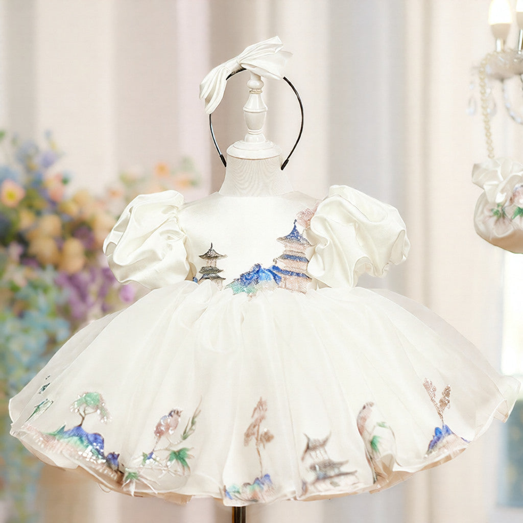 Children's white satin ball gown with puff sleeves for girls