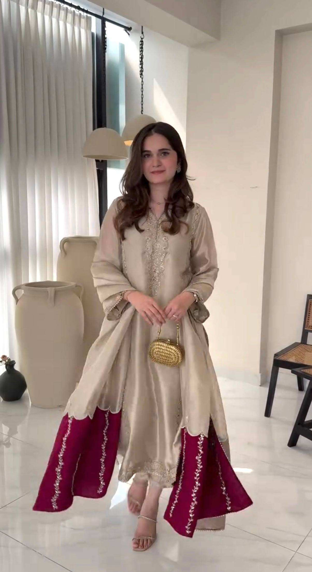 Women's top, palazzo pants and dupatta three-piece ethnic set