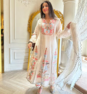 White heavy embroidery multi needle work real mirror hand work suit set for women