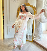 White heavy embroidery multi needle work real mirror hand work suit set for women