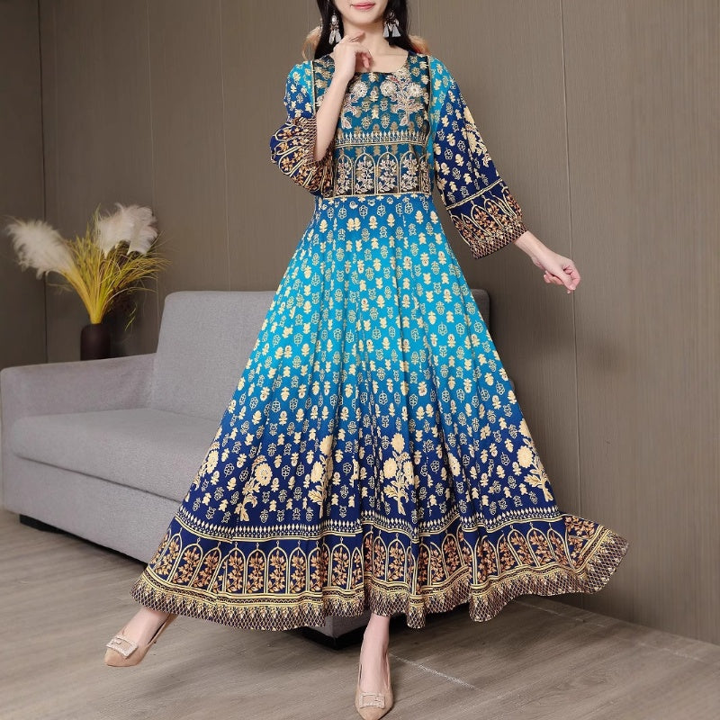 Bohemian style embroidered ethnic swing dress in vibrant colors