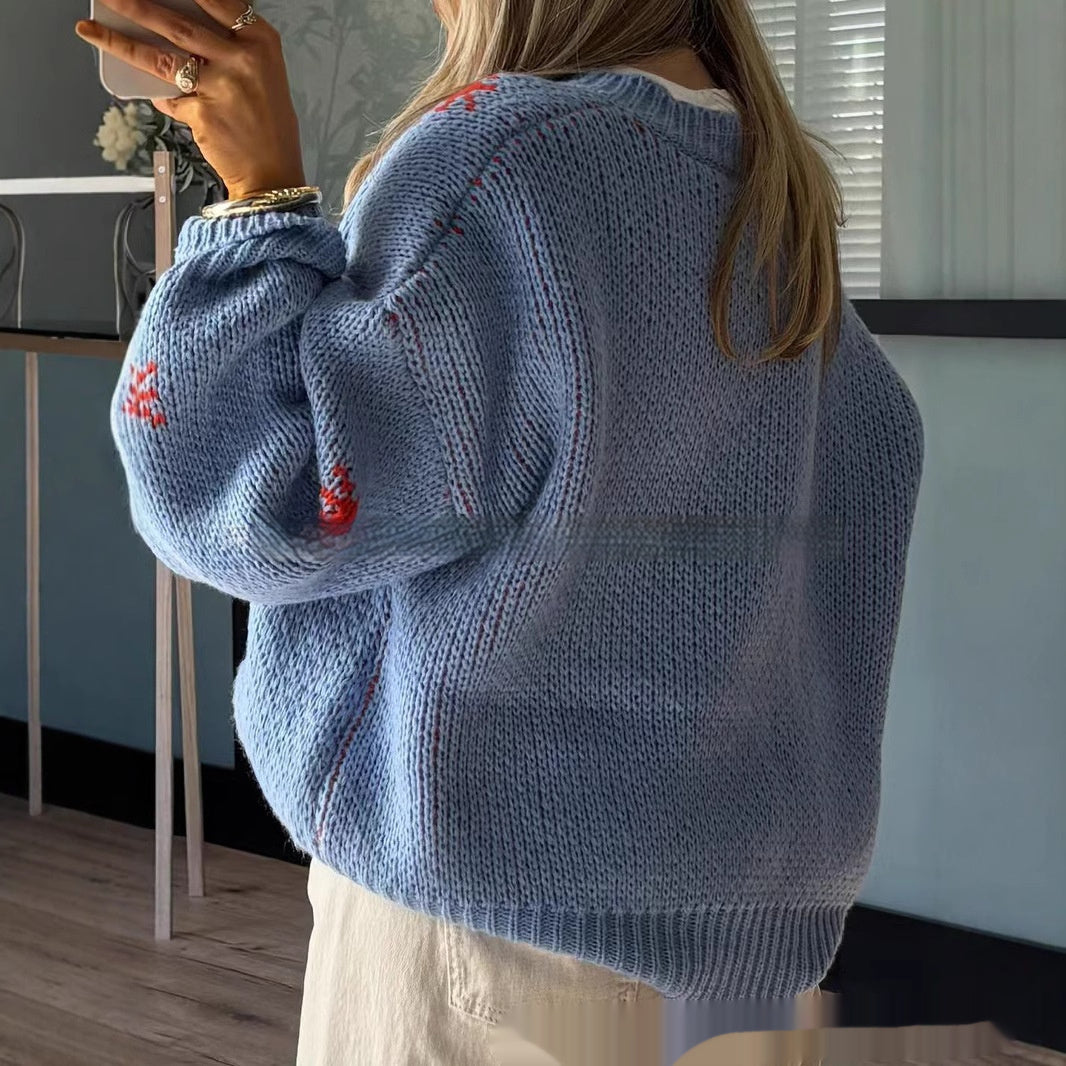 Women's Christmas-themed midi knit sweater with crew neck and long sleeves