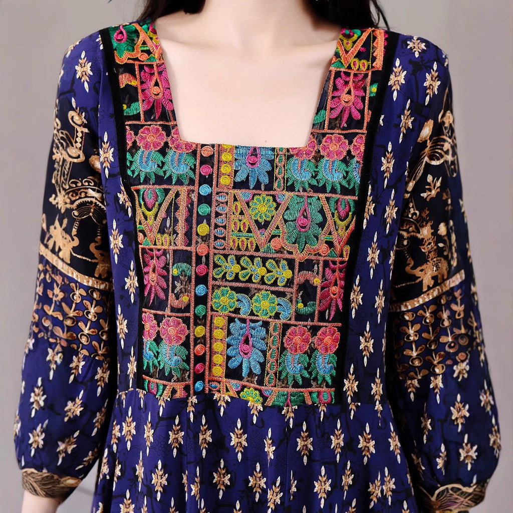 Bohemian ethnic embroidered large swing skirt dress for women