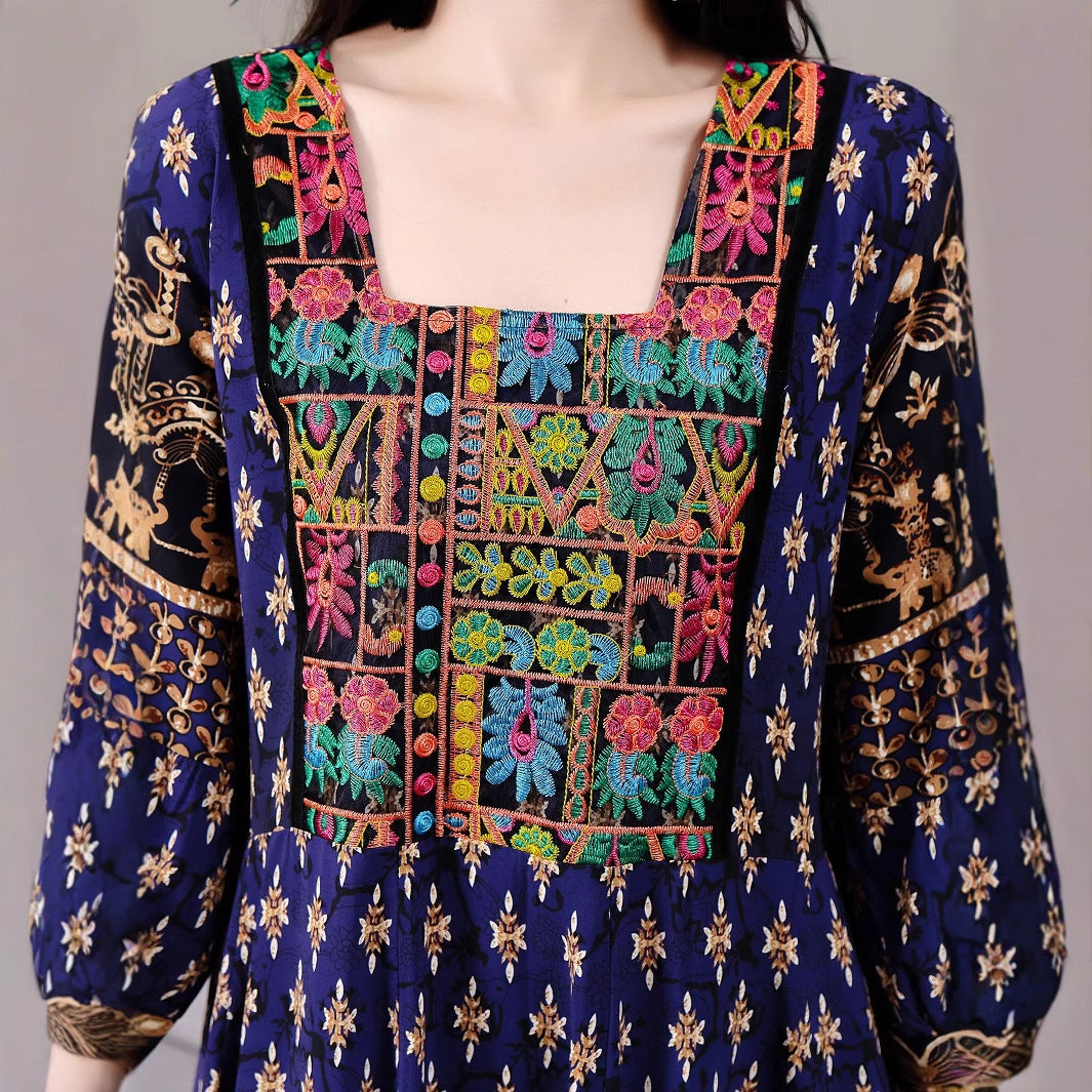 Bohemian ethnic embroidered large swing skirt dress for women