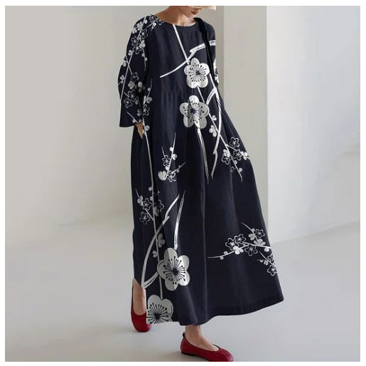 Women's round neck printed long sleeve fashion midi dress