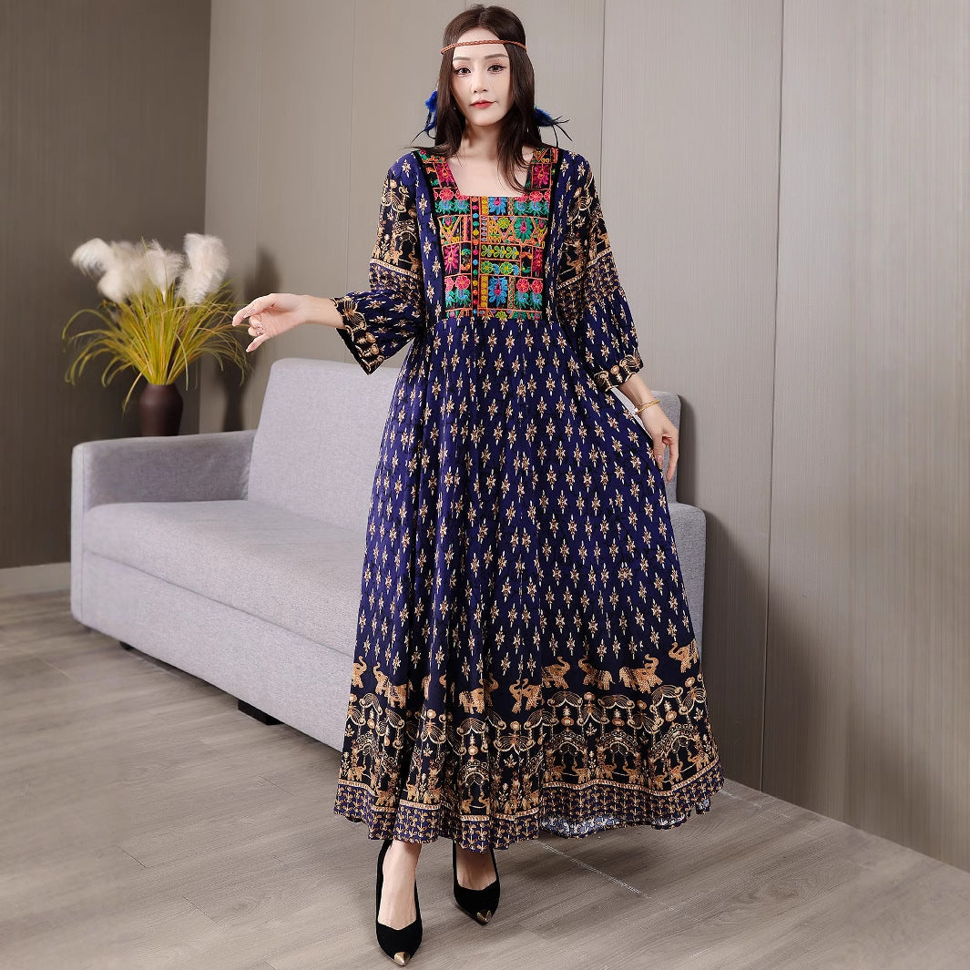 Bohemian ethnic embroidered large swing skirt dress for women