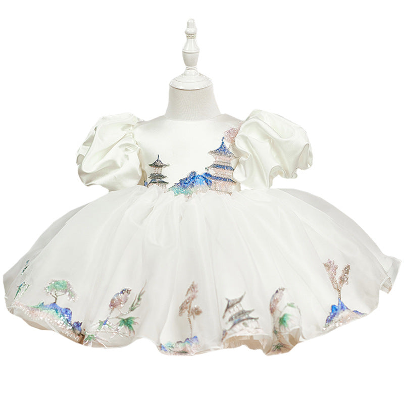 Children's white satin ball gown with puff sleeves for girls