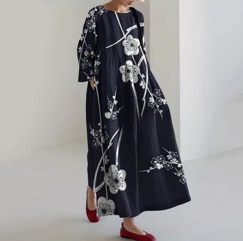 Women's round neck printed long sleeve fashion midi dress