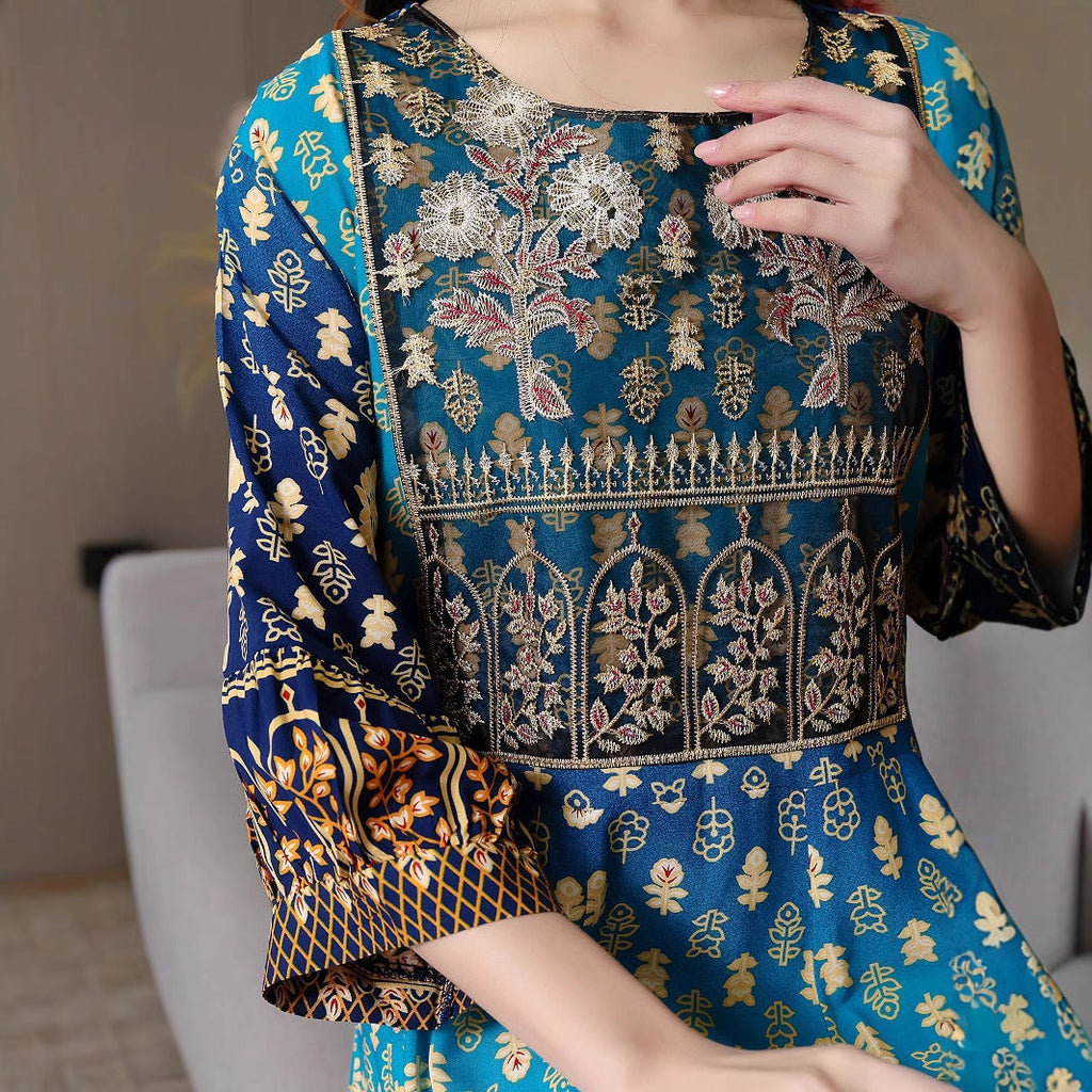 Bohemian style embroidered ethnic swing dress in vibrant colors