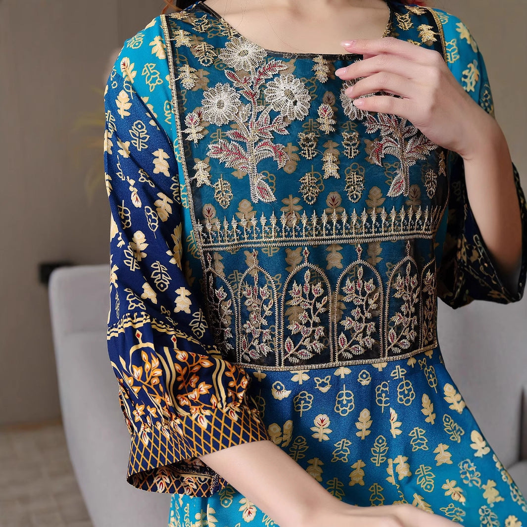 Bohemian style embroidered ethnic swing dress in vibrant colors
