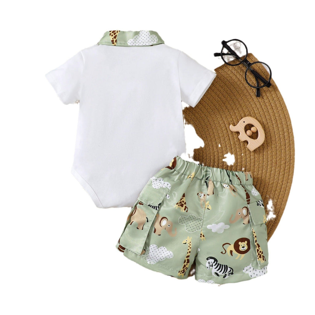 Cute white cotton short sleeve t-shirt and pants set for baby boys