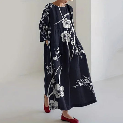 Women's round neck printed long sleeve fashion midi dress