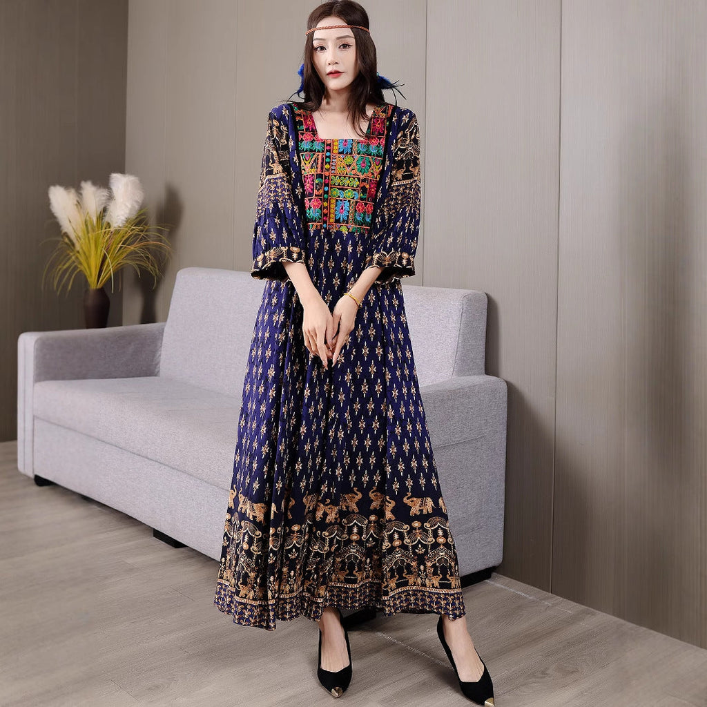 Bohemian ethnic embroidered large swing skirt dress for women