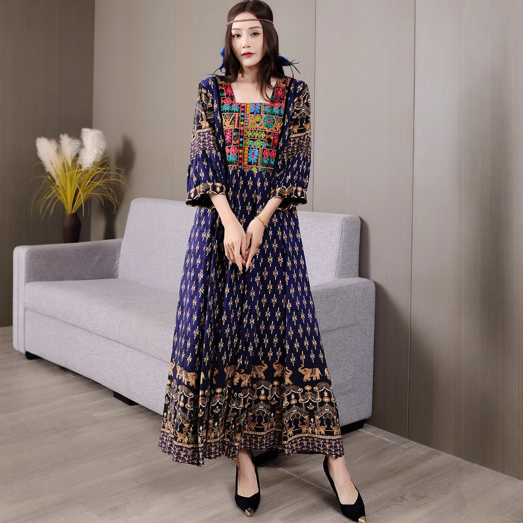 Bohemian ethnic embroidered large swing skirt dress for women